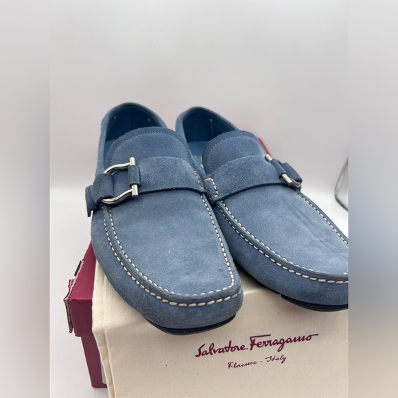 Salvatore Ferragamo Men Driving Suede Blue Moccasin Loafers Logo Sz 9 D - Picture 9 of 16